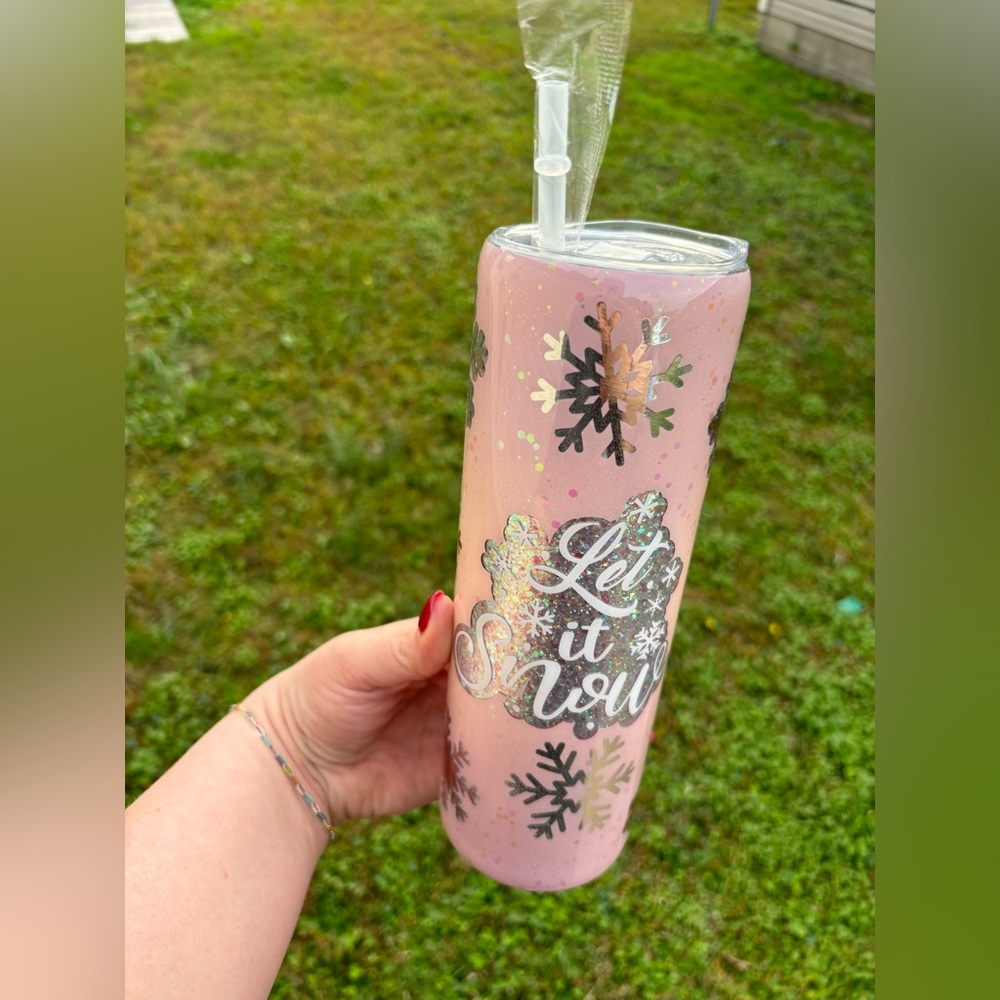 Let it Snow Hogg brand Tumbler handcrafted pink with iridescent snowflakes